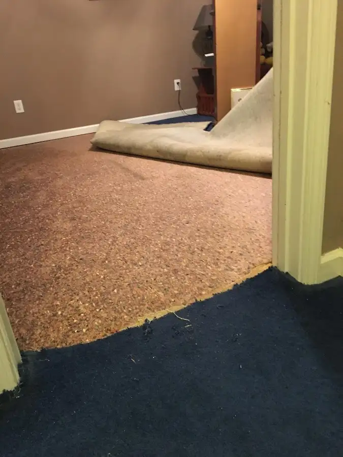 Carpet pad removal revealing water damage during Drying & Dehumidification in Oscoda